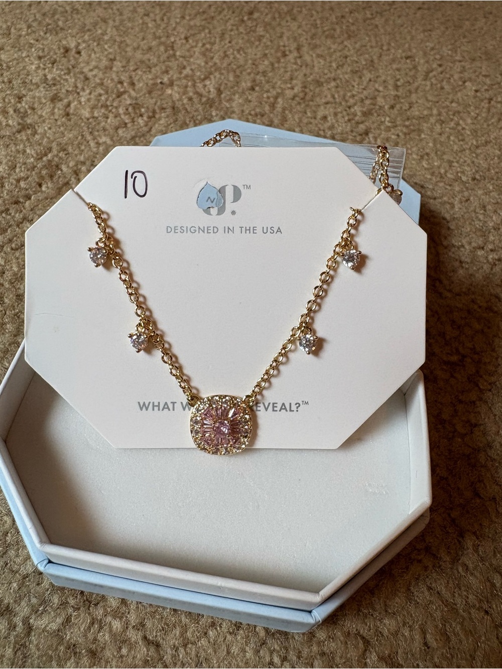 Gold-Plated Necklace with Pink Crystal Center and Sparkling Accent Drops